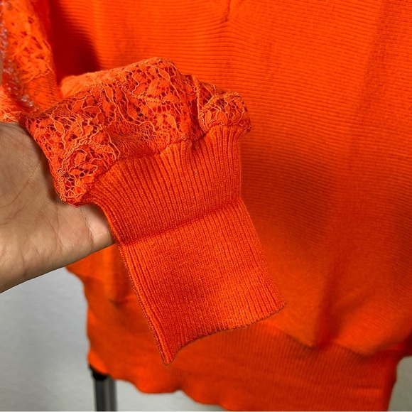 Vibrant Orange V-Neck Sweater with Lace Detail - Picture 3 of 9
